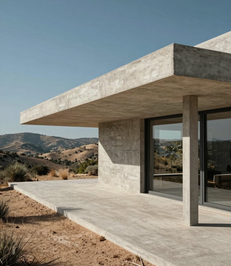 One-point perspective architectural elevation of a raw concrete villa integrated into a dry Mediterranean hillside, harsh midday shadows casting dramatic geometric shapes, low horizon.