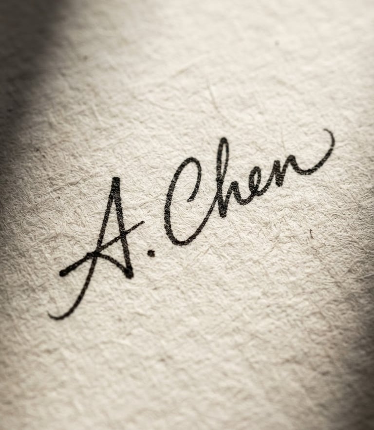Macro lens shot of a hand-drawn minimalist black ink signature on textured warm off-white paper, dramatic high-contrast side lighting, soft shadows.