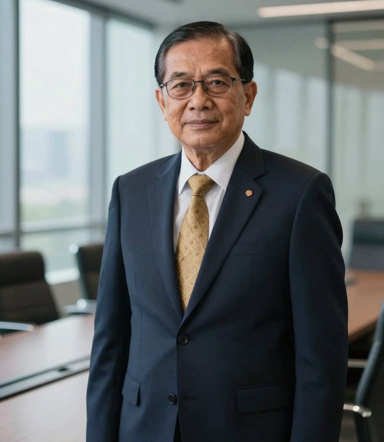 A professional portrait of a senior Indonesian law partner in sharp corporate attire, modern executive boardroom background with soft architectural glass lines, cool morning light, shallow depth of field, 35mm