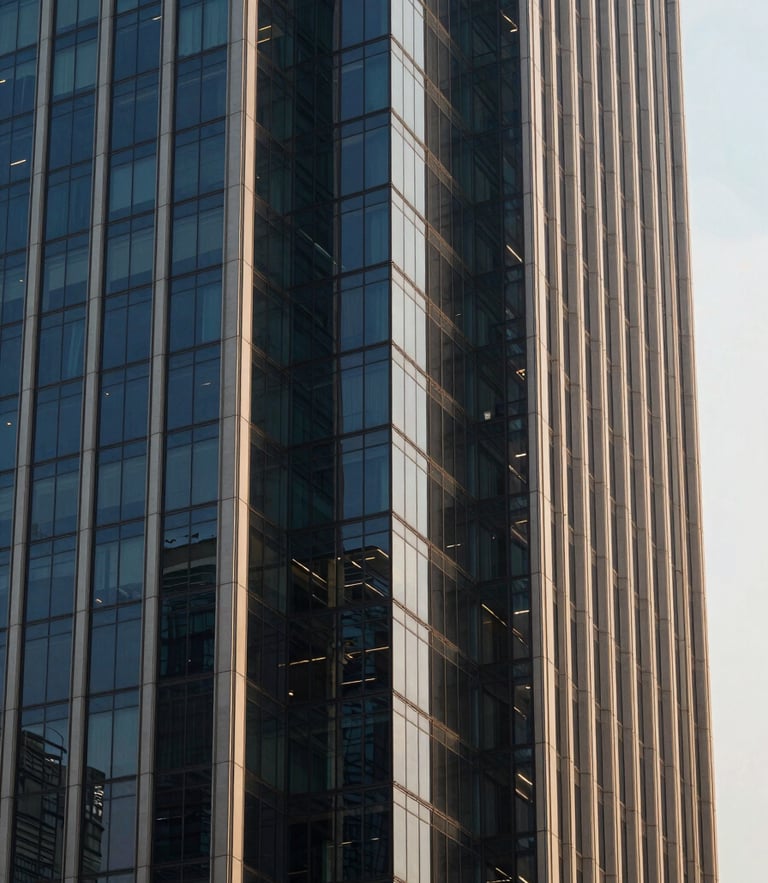 Sharp close-up of architectural glass and steel of a Jakarta high-rise, cool morning light reflecting deep navy tones, premium corporate editorial style, 35mm