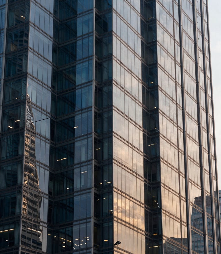 Sharp architectural photography of modern high-rise glass facade in Jakarta CBD, cool morning light, deep navy reflections