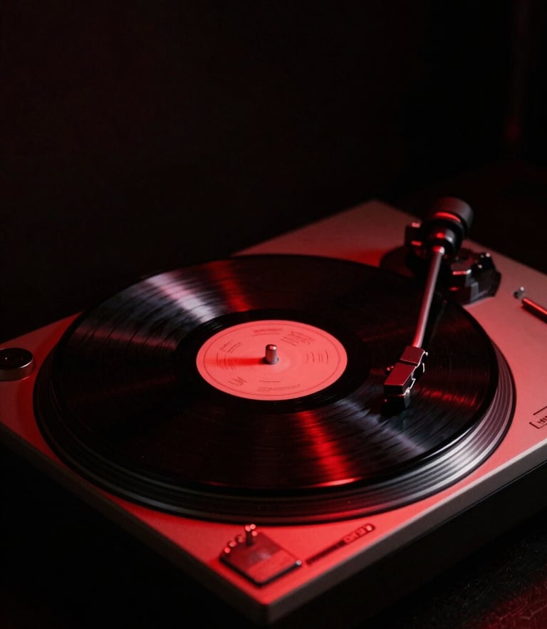 Dark high-contrast editorial photography of a vintage vinyl turntable rotating under a harsh crimson spotlight, deep shadows, grainy 35mm film texture