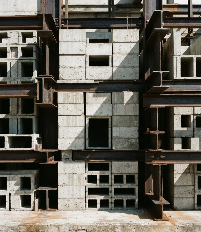 Straight-on clean architectural photography of stacked concrete blocks and steel sections under bright natural daylight with sharp geometric shadows, neutral industrial tones, 35mm