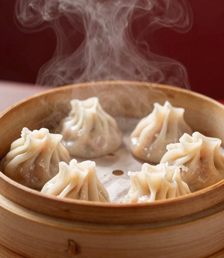 Close-up of steaming hot dimsum in a bamboo steamer, warm natural side lighting, vapor rising, rich red background tones, macro depth of field