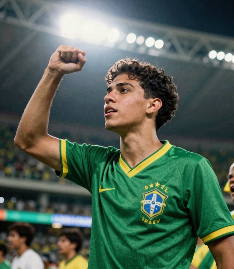 Dynamic sports photography of a young Brazilian fan cheering in a stadium wearing a green football jersey, dramatic floodlights, raw film grain