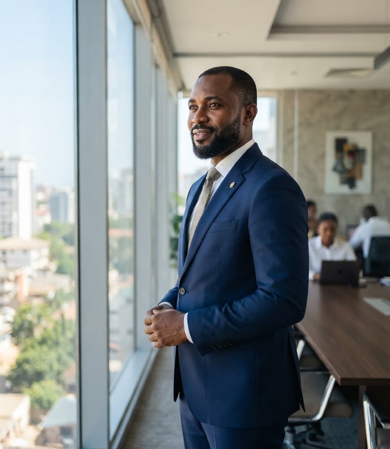 A professional corporate portrait of an African sales director in a modern, sunlit office boardroom in Accra, looking confidently toward the side, sharp editorial focus.