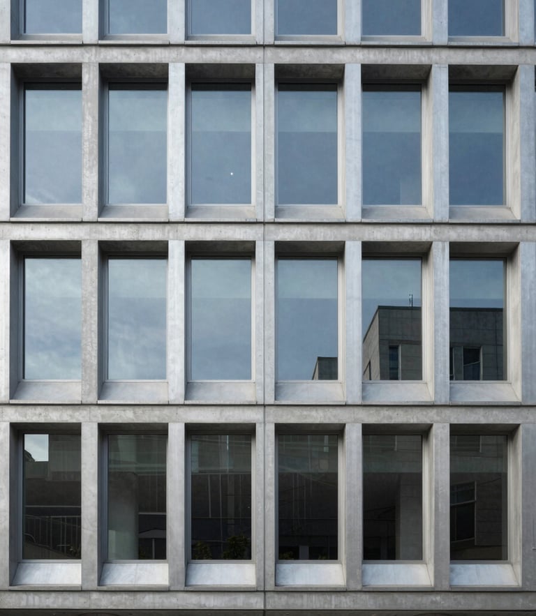 Symmetrical architectural shot of a modern concrete and steel office facade, cool morning daylight, metallic silver reflections, minimalist lines, generous negative space.