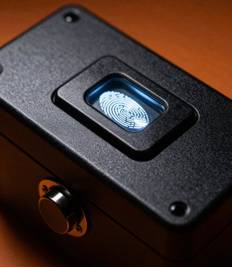 Macro shot of a matte-black secure lockbox with a glowing biometric fingerprint scanner, sharp highlights, low-key dramatic studio lighting, 35mm film