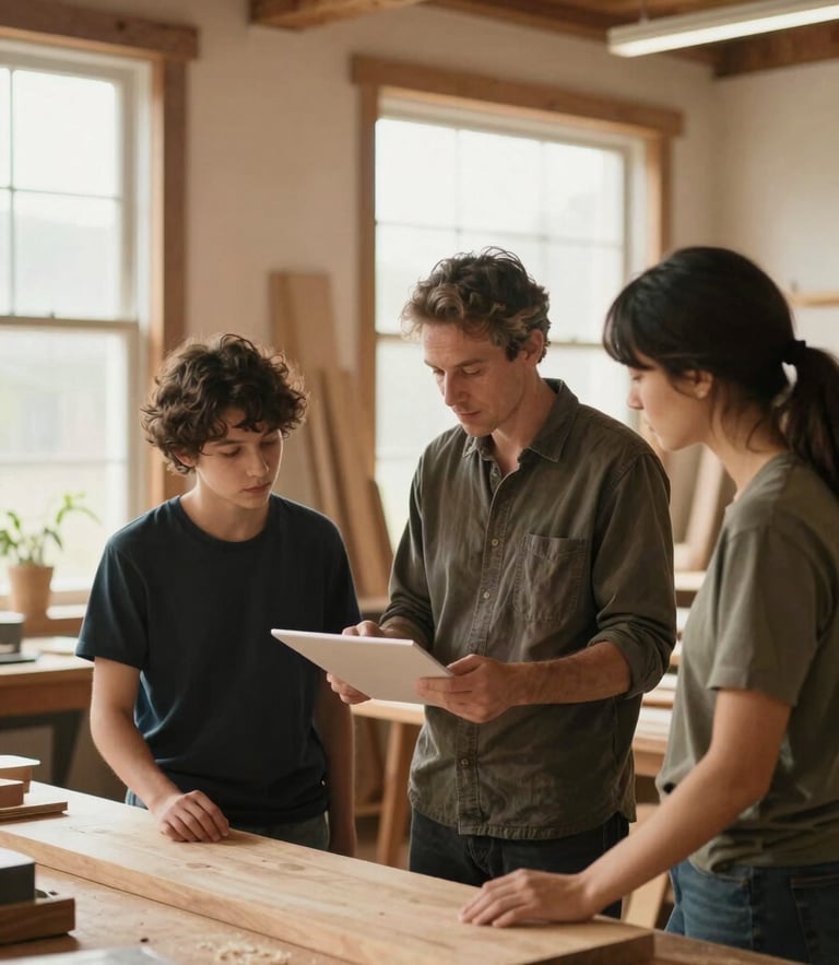 Warm environmental photograph of a local mentor guiding an apprentice in a bright, wood-filled workshop, soft natural daylight filtering through large windows, 35mm lens.