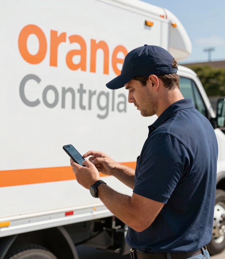 A contractor in a branded service truck checking a customer lead notification on a smartphone, bright natural daylight, Orange County background.