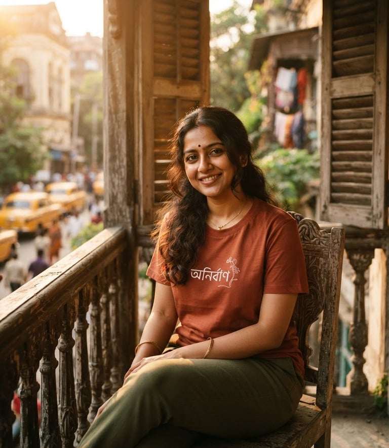 A candid medium-close portrait of a young Bengali woman wearing a terracotta graphic t-shirt, sitting on an old wooden-shuttered balcony, golden-hour window light, warm tones, 35mm film style.