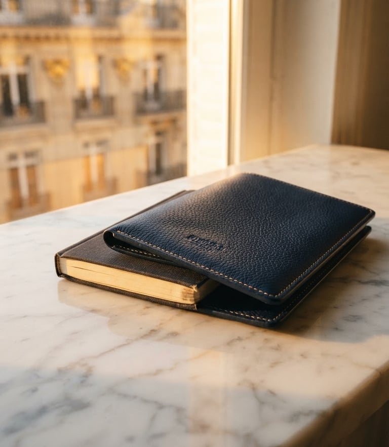 Close-up of a high-end leather passport holder resting on a marble desk next to a physical guide, warm golden hour light reflecting on glass, editorial photography, 35mm