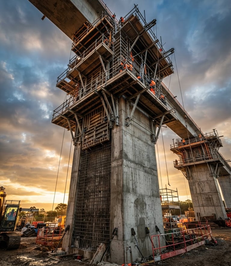 Low-angle heroic shot of a massive concrete bridge pier under construction, dramatic morning sunlight, high-contrast steel and concrete tones, sharp details