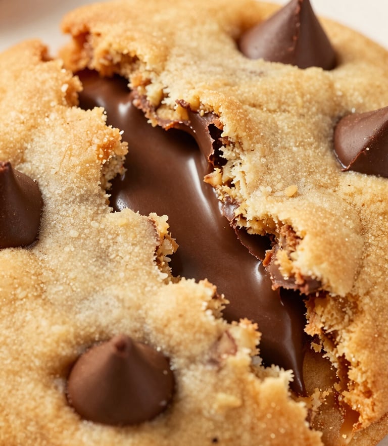Extreme macro shot of a warm giant chocolate chip cookie being pulled apart, gooey melted chocolate, soft side daylight, rich golden tones