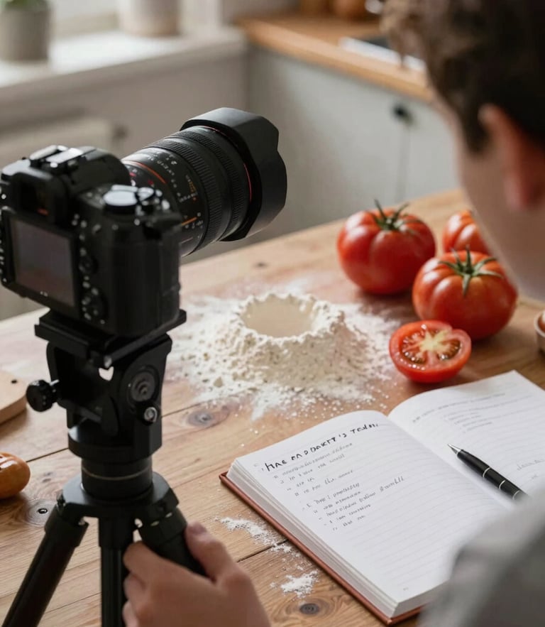 Over-the-shoulder shot of a camera setup on a rustic kitchen counter, soft diffused Scandinavian daylight illuminating fresh heirloom tomatoes, flour dusting, and a handwritten recipe book.