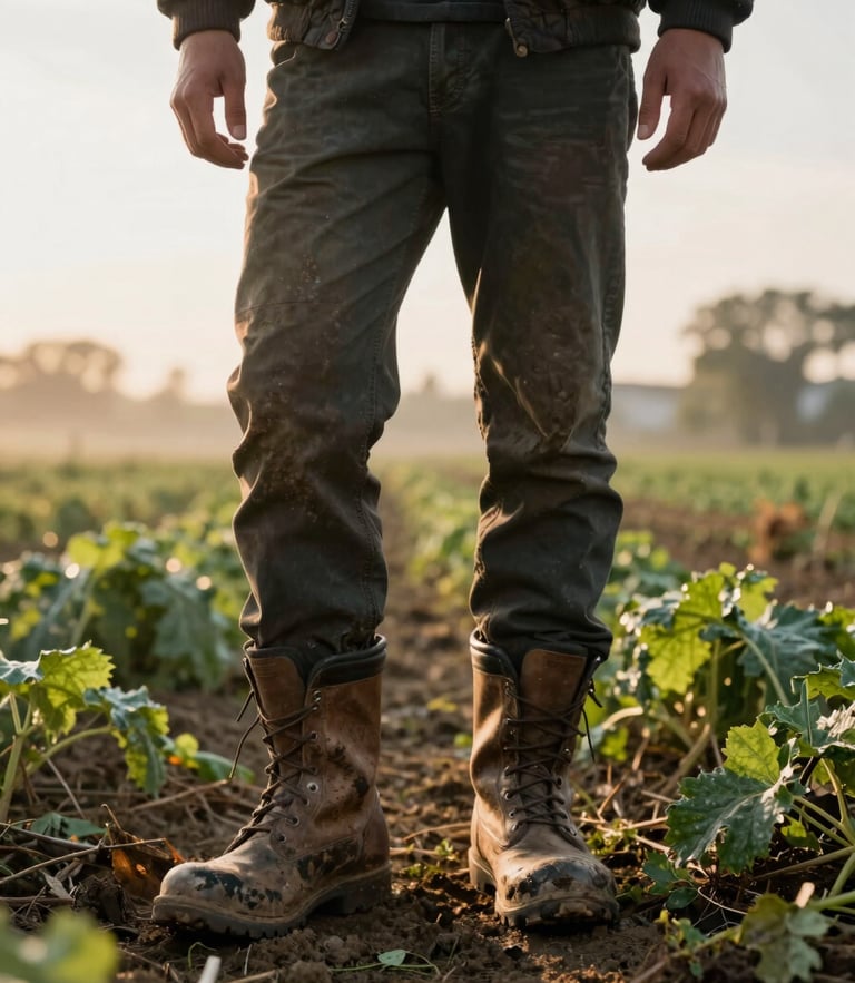 A photographer wearing muddy boots standing in an open organic farm field at sunrise, capturing morning harvest details under soft overcast light.