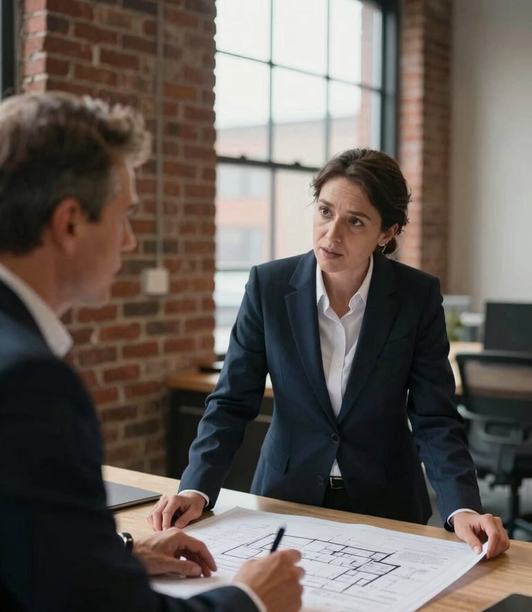 Tight documentary-style shot of two business operators in deep conversation over architectural plans in a brick-and-beam King West office, natural overcast window light, shallow depth of field.