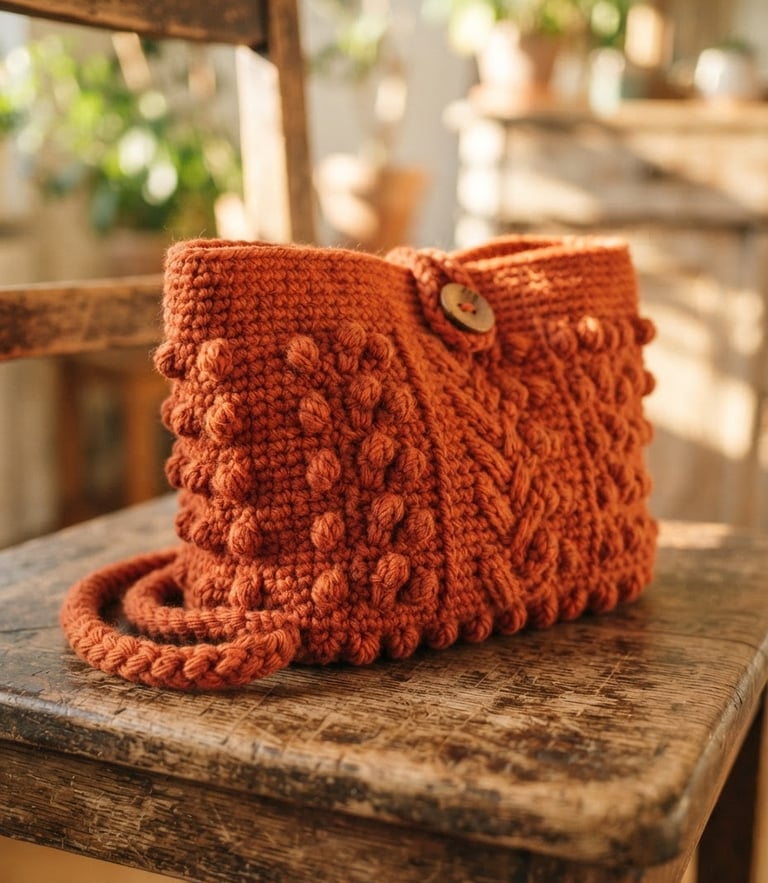 Close-up of a vibrant terracotta crocheted handbag resting on a rustic wooden chair in soft, warm afternoon sunlight, detailed yarn texture visible