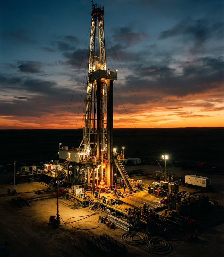 Dramatic wide-angle shot of a modern onshore drilling rig at twilight, golden-hour flares, deep shadows, cinematic industrial photography, 35mm film
