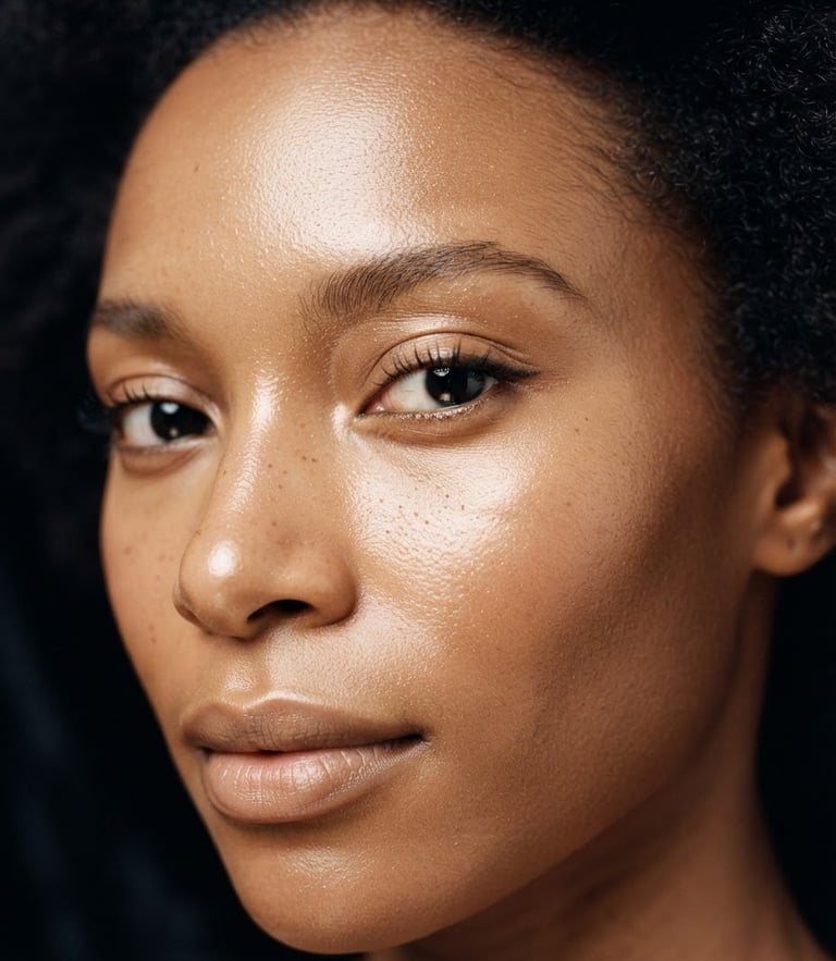 Close-up of pristine, glowing skin under soft warm directional studio light, deep black and champagne tones, high-end clinical aesthetic, 35mm