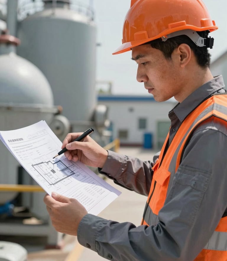 Professional editorial photography of an industrial engineer analyzing architectural safety plans in a clean facility, crisp natural daylight, high-contrast orange and slate grey tones, sharp focus, 35mm lens