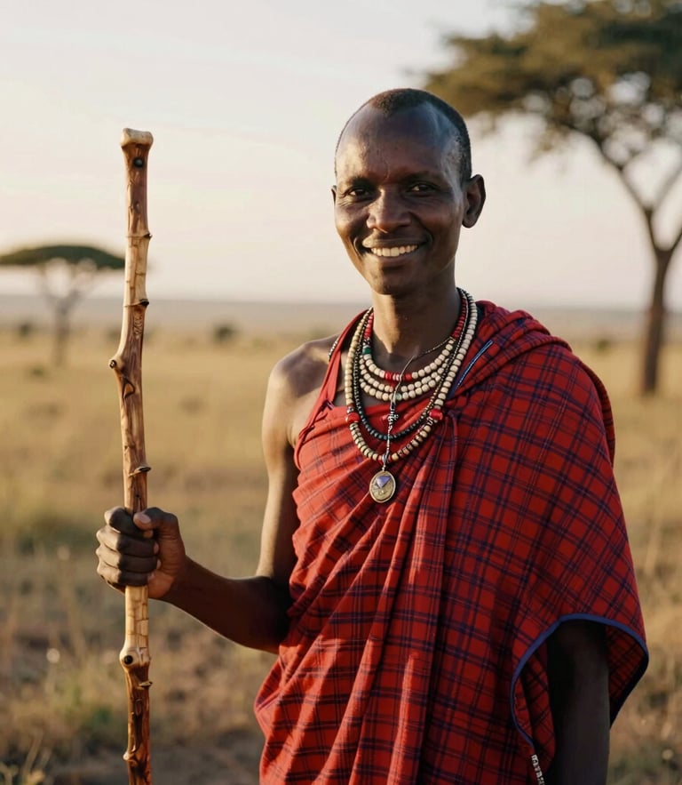 Intimate portrait of a Maasai naturalist guide in the Maasai Mara, soft golden-hour light, holding a hand-carved walking stick, smiling warmly, 35mm film aesthetic.