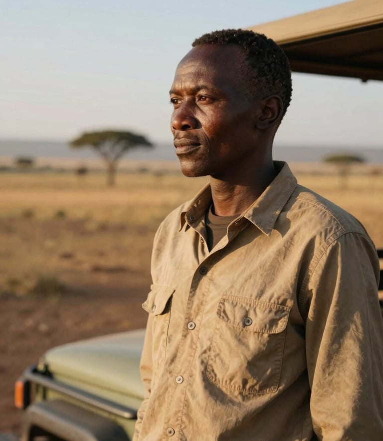 Intimate portrait of a Samburu wildlife tracker looking out over the Laikipia plains, warm low-angle morning sun, shallow depth of field, rich earth tones, 35mm film aesthetic.