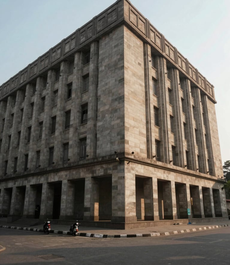 Wide environmental shot of brutalist New Delhi institutional architecture, geometric shadows on stone, soft diffused north-facing daylight.