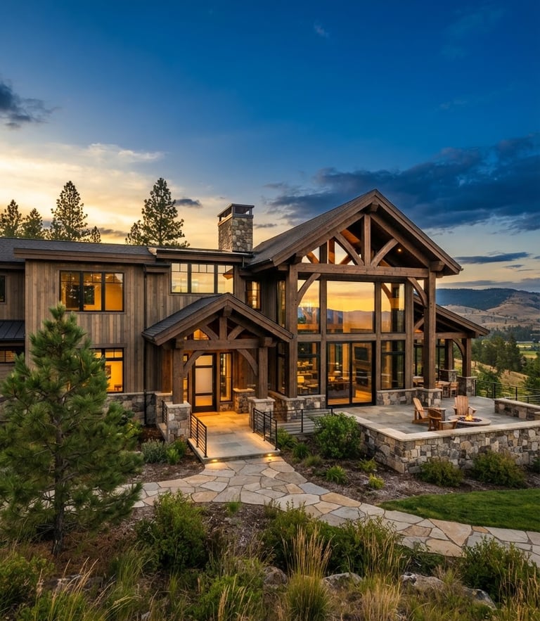 Wide-angle architectural exterior of a modern custom timber-framed home in Spokane Valley, warm golden-hour sunlight reflecting off large glass windows, clean masonry accents.