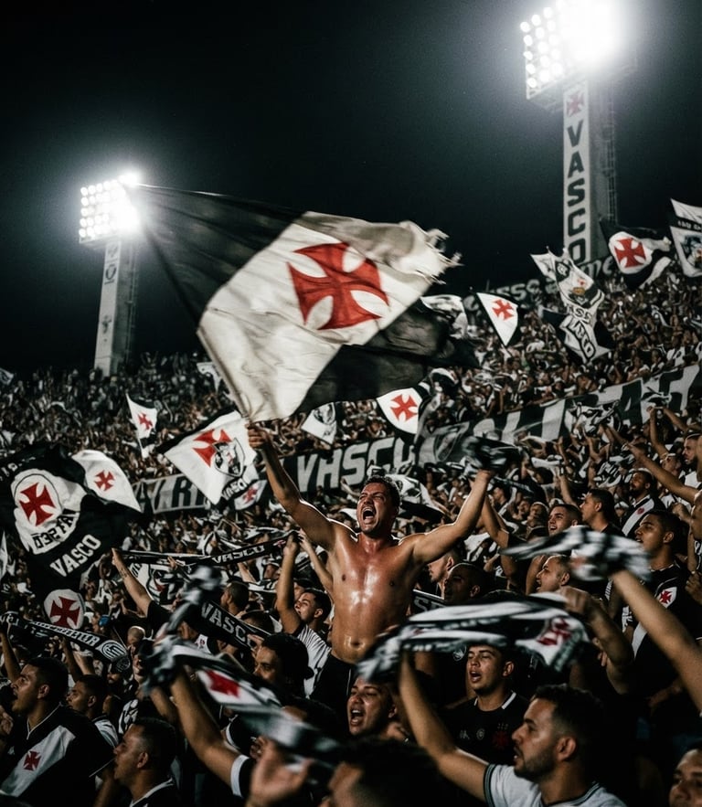 Dynamic sports photography, high-contrast stadium floodlights of São Januário with passionate Vasco da Gama fans waving flags in the stands, 35mm