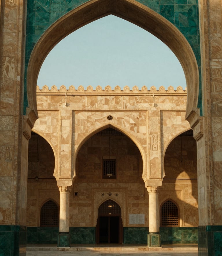 Warm editorial photography of Al-Masjid an-Nabawi architectural arches, golden-hour sunlight, deep emerald and sand tones, architectural symmetry, 35mm