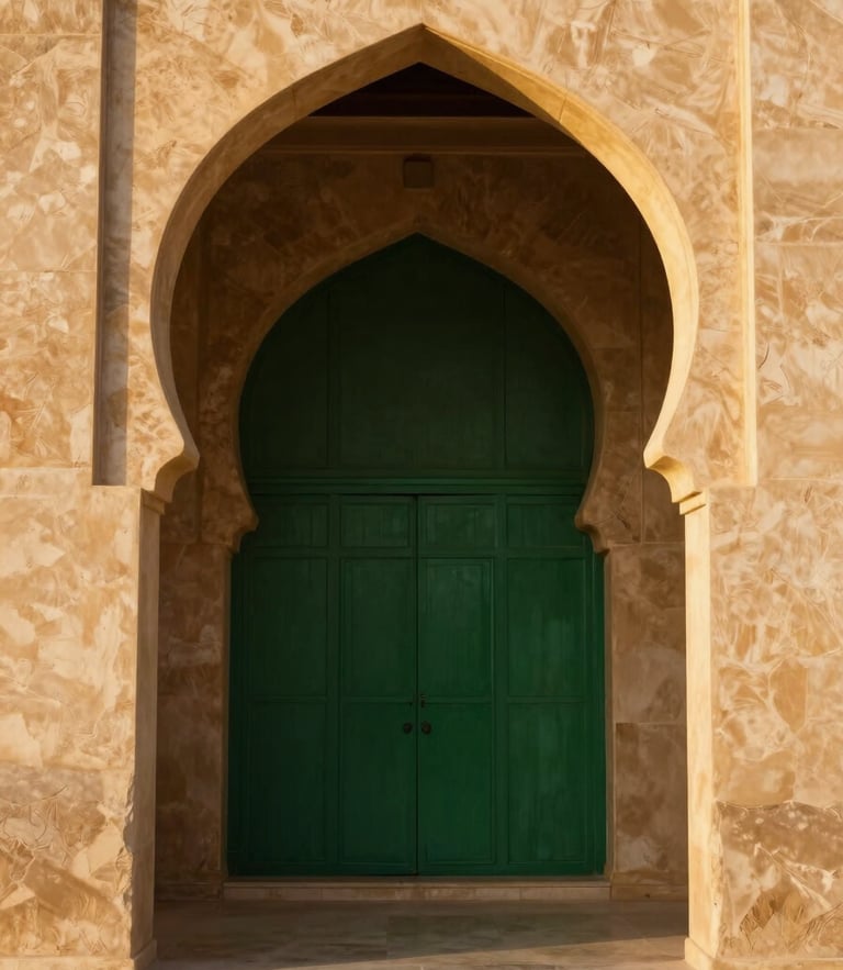 Symmetric architectural archway frame in Madinah, warm golden hour sunlight casting soft shadows on textured sand-colored stone, 35mm photography