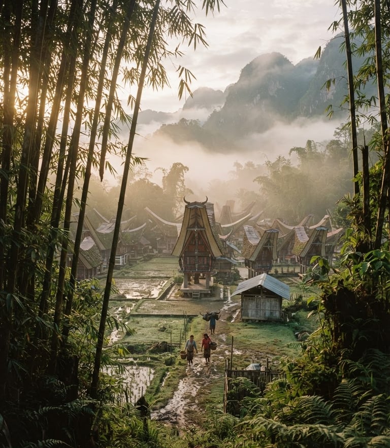 Misty morning mountain fog over a traditional Toraja village, soft golden hour light filtering through towering bamboo, 35mm lens