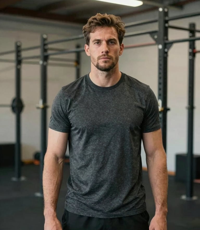 Candid medium shot of Nick, a working-class trainer in a dark grey t-shirt, standing confidently in a functional gym with steel racks, natural overhead lighting, honest and unposed.