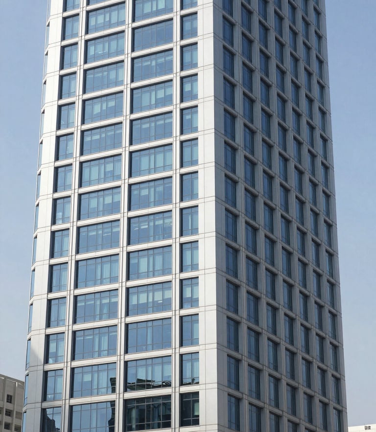 Crisp commercial photography of a modern high-rise office building in Jumeirah Lake Towers under bright daylight, clean architectural lines.