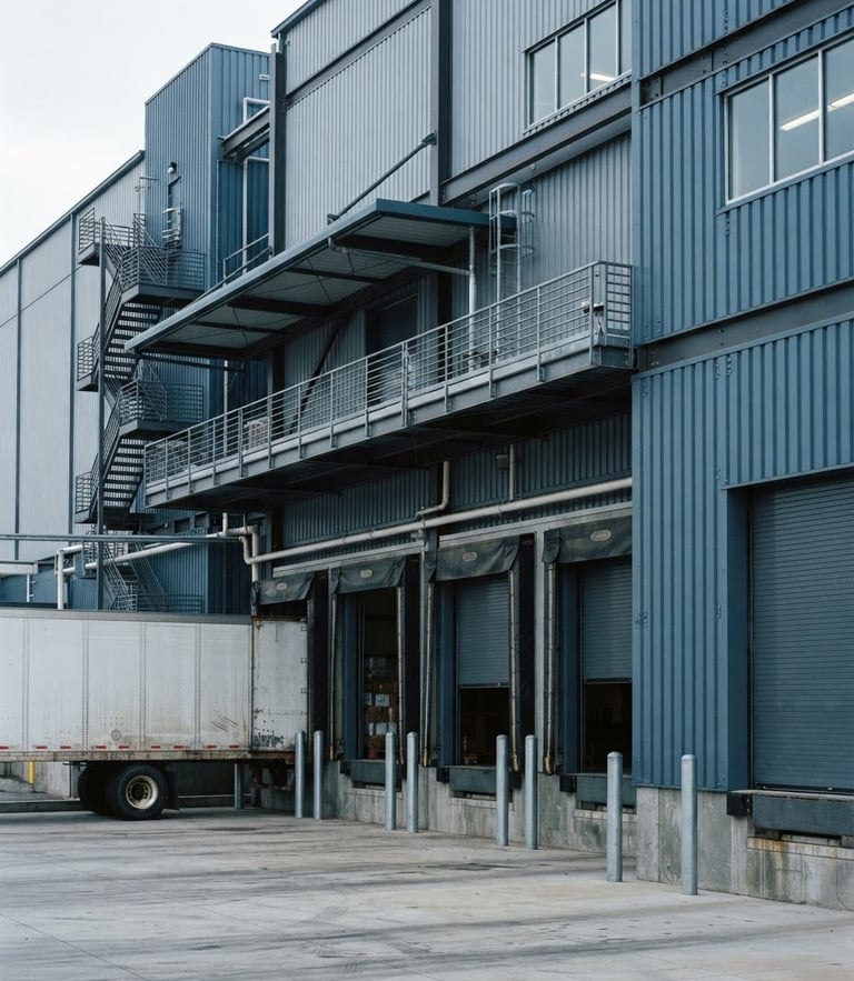 Crisp architectural crop of a modern industrial logistics facility in Santa Fe Springs, cool daylight, sharp focus, 35mm lens
