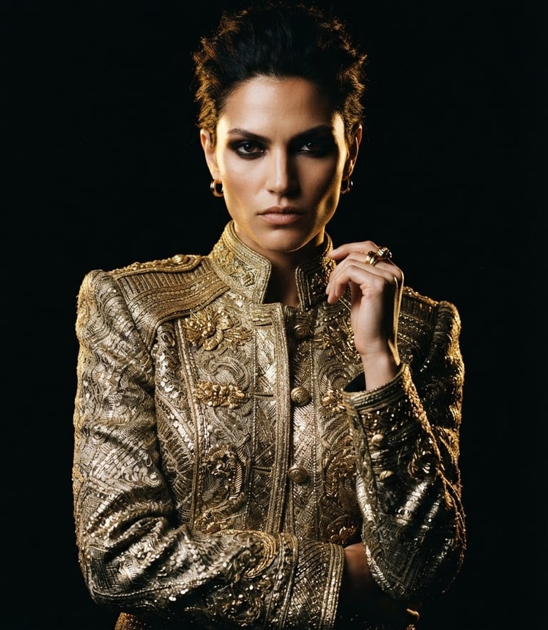 Moody editorial fashion photography, model wearing structured gold-threaded jacket, dark studio backdrop, dramatic low-key lighting, golden rim light