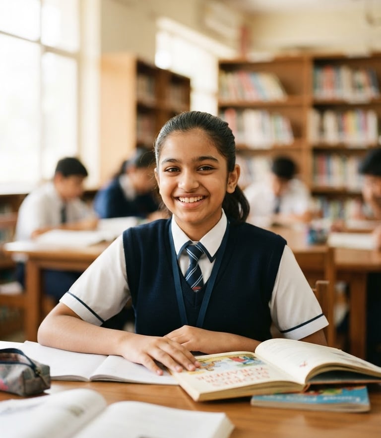A medium shot of a young Indian student in a clean school uniform, smiling warmly under bright natural daylight in a library, shallow depth of field, 35mm.