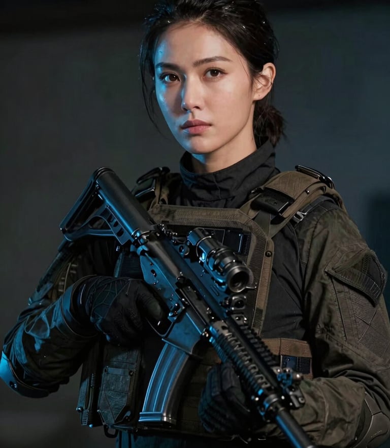 Cinematic portrait of a female veteran in modern tactical gear looking off-camera, dramatic low-key lighting with electric blue reflections, sharp contrast, 35mm lens