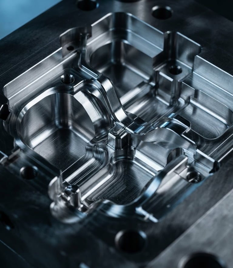 Macro close-up of a highly polished steel mold cavity, dramatic cool rim lighting, sharp focus, technical industrial photography.