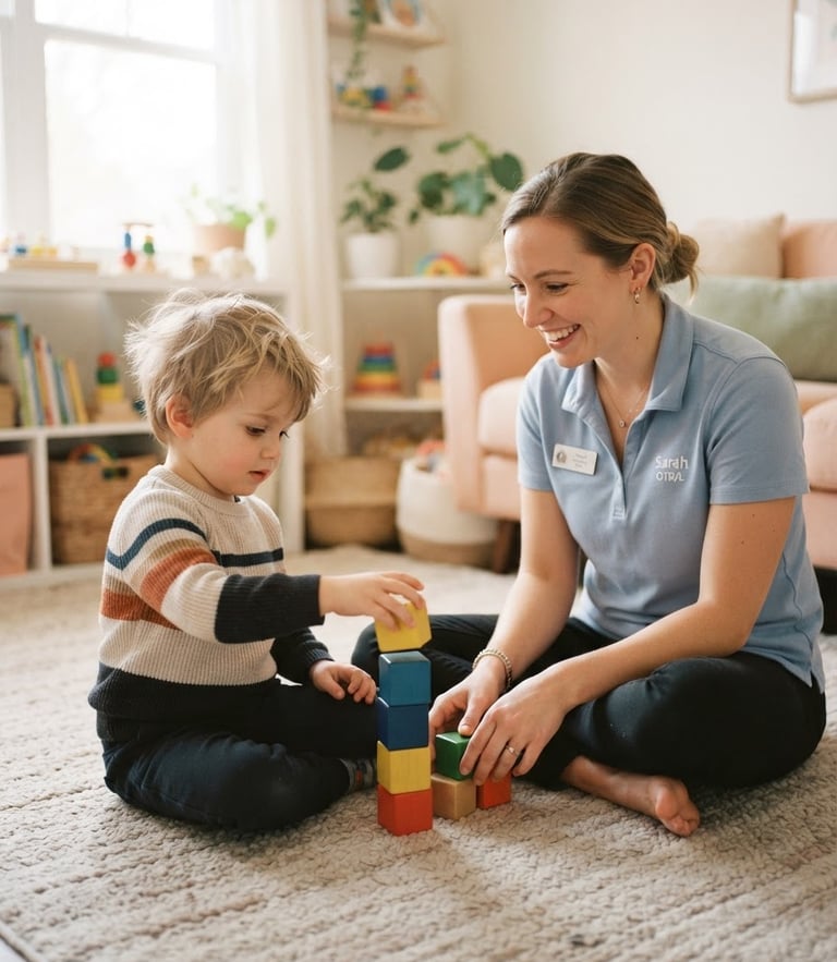 A certified pediatric occupational therapist smiling gently beside a child playing with colorful blocks in a softly lit, pastel-toned living room, warm editorial style, 35mm.