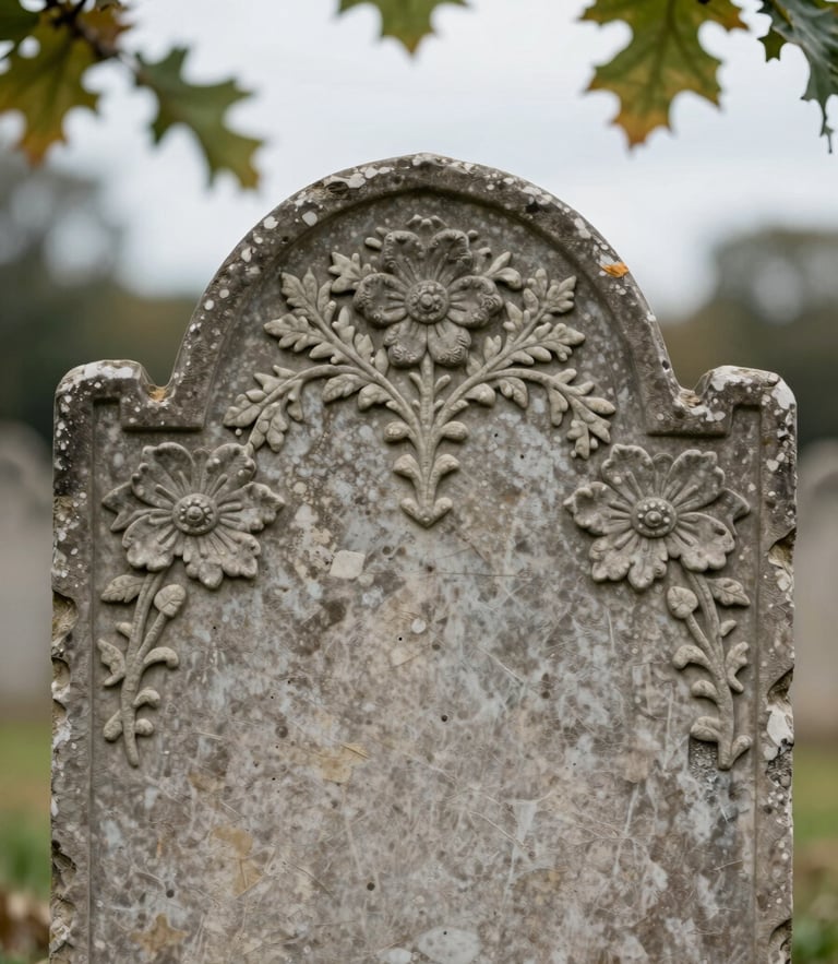 Close-up of a weathered 19th-century headstone with delicate floral carvings, soft overcast daylight filtering through oak leaves, shallow depth of field, weathered slate texture.