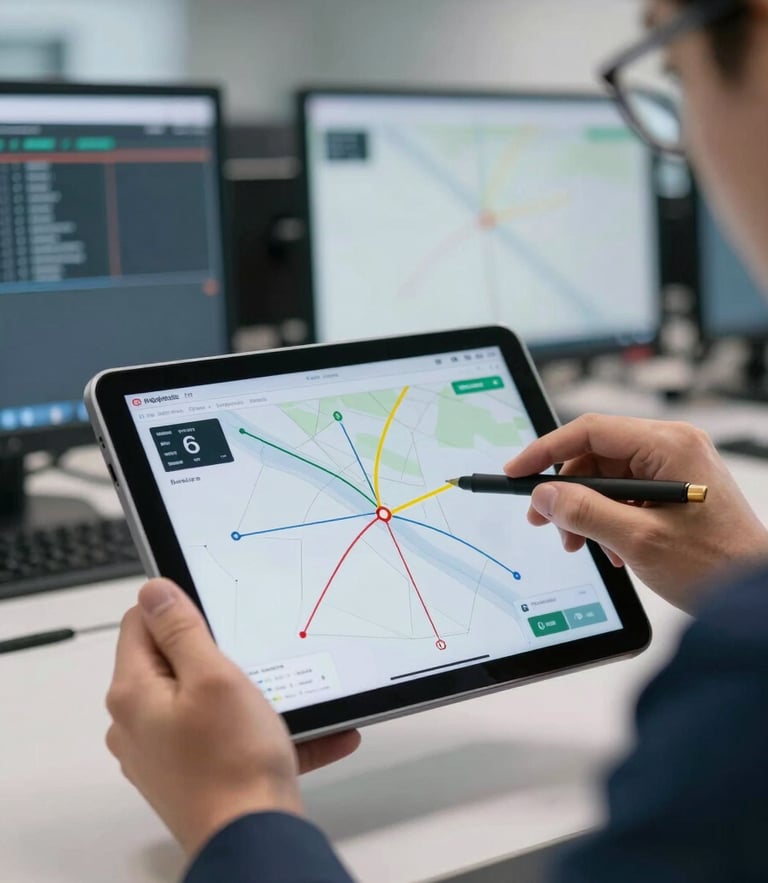Close-up of a professional logistics coordinator analyzing real-time route telemetry on a tablet screen inside a clean, modern dispatch office.