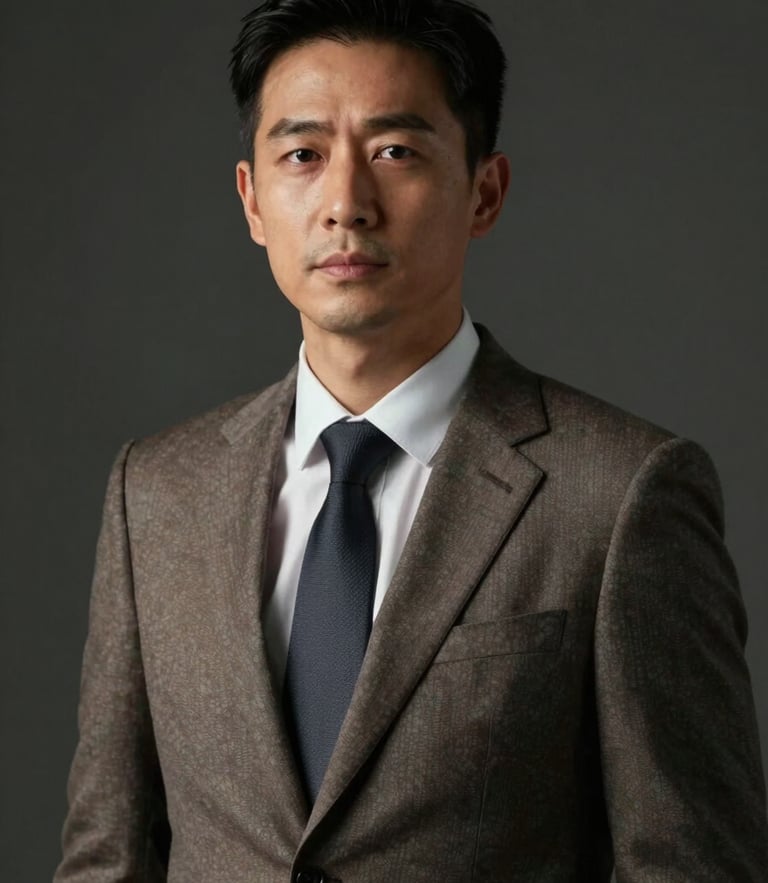 Cinematic portrait of a male executive in a tailored suit, soft directional studio lighting, dark background, editorial style.