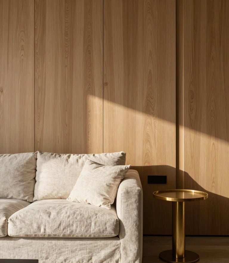 Editorial portrait of a modern, high-end living room with natural afternoon light, showcasing tactile oak paneling, a linen sofa, and brass details.