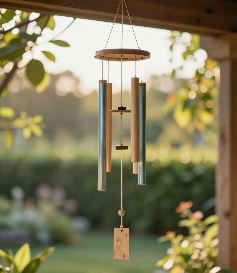 A beautiful Lunsera wind chime hanging from a rustic wooden porch ceiling, warm golden hour sunlight filtering through lush garden greenery, 50mm lens, shallow depth of field.