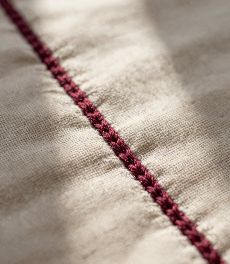 Macro close-up of thick maroon cotton embroidery stitches on heavyweight beige linen fabric, soft side window light casting delicate shadows on the textile fibers.