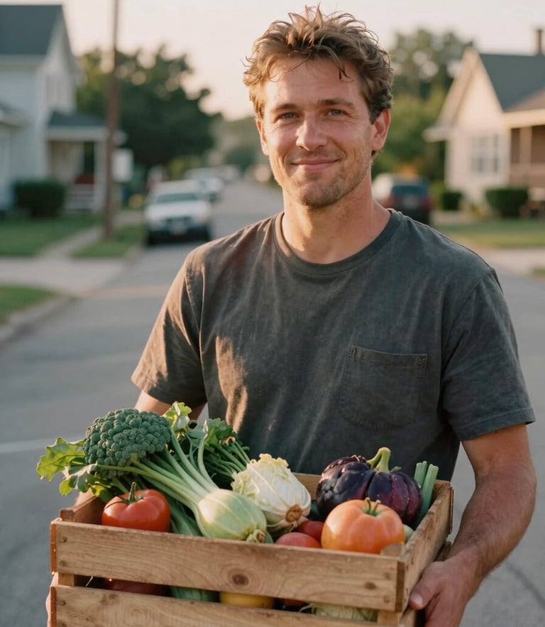 A warm, natural golden-hour medium portrait of an Ohio volunteer smiling gently, holding a wooden crate of fresh local produce, soft background of a neighborhood street, 35mm film look