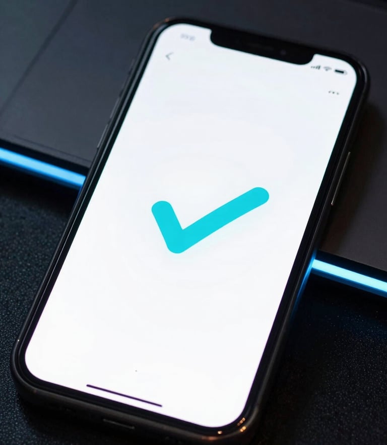 Close-up of a sleek smartphone screen displaying a successful instant bank transfer confirmation with a glowing cyan checkmark, dark high-tech background with subtle neon lights