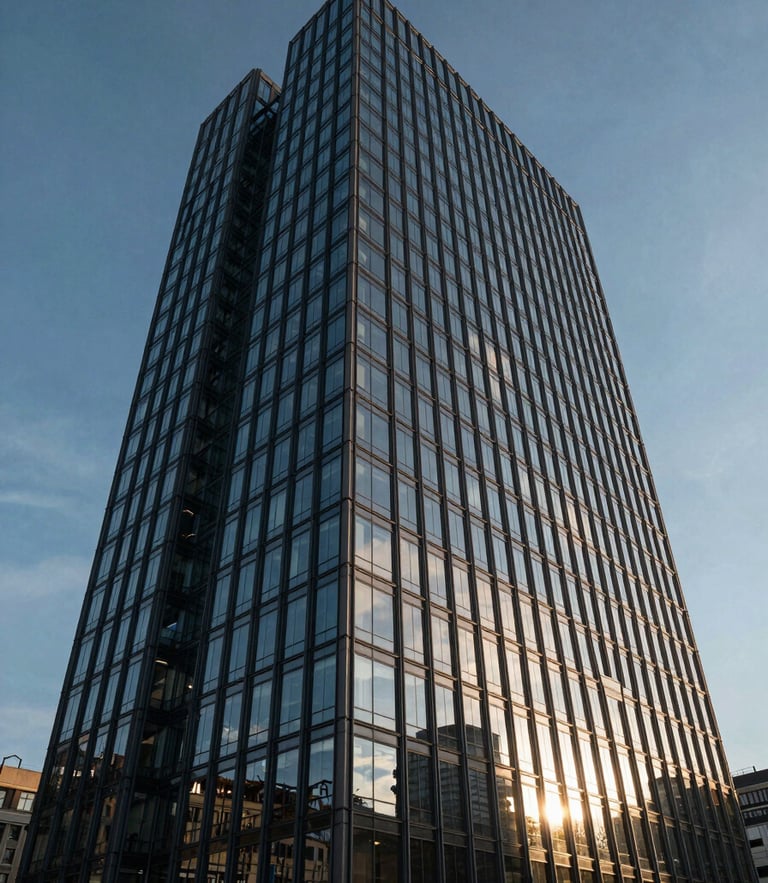 Low-angle cinematic architectural shot of a modern glass and steel financial tower in Budapest, sharp reflections, dramatic morning sun.